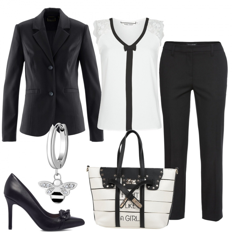 Outfit donna - Pranzo al ristorante. Stile Chic per Tutti i giorni. look ideale per Tall. Abbinamento con pantaloni, blazer, borse a mano, camicie, orecchini, décolleté.