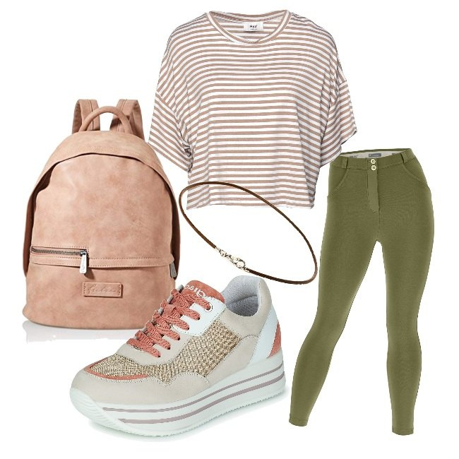 Outfit donna - La natura è casa nostra. Stile Basic per Tutti i giorni. Abbinamento con t-shirt, sneakers, pantaloni skinny, zaini, ciondoli.