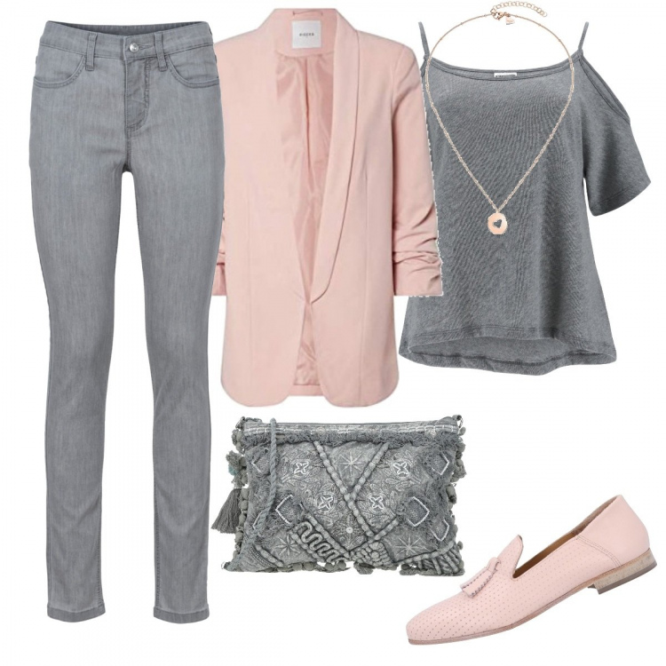 Outfit donna - La giacca rosa. Stile Casual chic per Tutti i giorni. Abbinamento con jeans skinny, mocassini, borse a tracolla, t-shirt, blazer, collane.