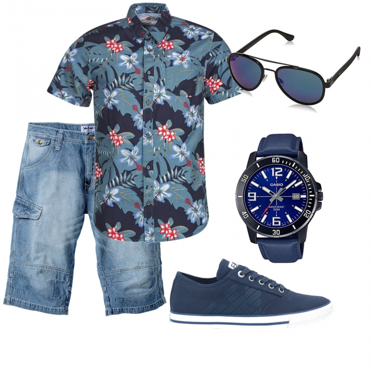 Outfit uomo - Camicia fantasia. Stile Urban per Tutti i giorni. Abbinamento con bermuda, sneakers, camicie a manica corta, orologi, occhiali da sole.