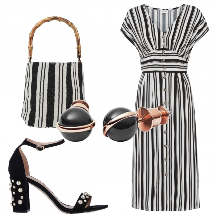 Outfit donna - Solo righe. Stile Glamour per Serata fuori. Abbinamento con vestiti, sandali gioiello, borse a mano, orecchini.
