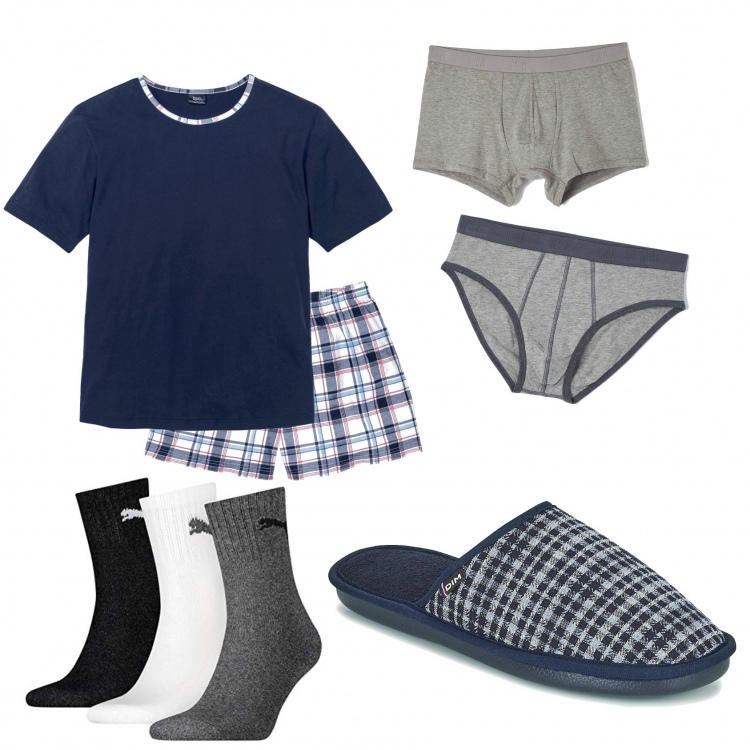 Outfit uomo - Pigiama estivo comodo. Stile Casual per Tutti i giorni. Abbinamento con abbigliamento da notte, boxer, slip, pantofole, calzini.