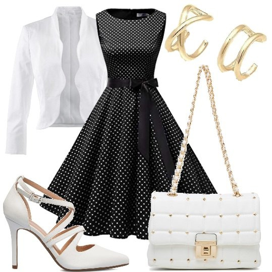 Outfit donna - Vestito nero con pois bianchi. Stile Romantica per Serata fuori. Abbinamento con blazer, décolleté, borse a tracolla, vestiti senza maniche, orecchini.