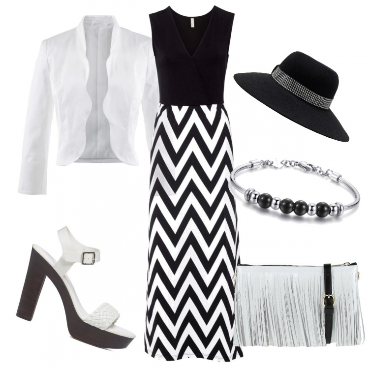 Outfit donna - Intramontabile bianco e nero. Stile Casual chic per Serata fuori. Abbinamento con blazer, vestiti lunghi, borse a tracolla, cappelli, braccialetti, sandali in pelle.