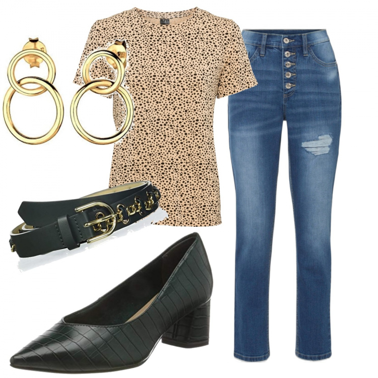 Outfit femme - Mercredi au travail. Style Tendance pour Bureau. Assortir avec t-shirts, jean boyfriend, chaussures à talon, boucles d'oreilles, ceintures.