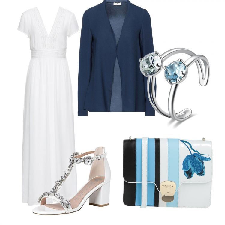 Outfit donna - Borsa. Stile Glamour per Serata fuori. Abbinamento con vestiti lunghi, blazer, borse a tracolla, anelli, sandali.