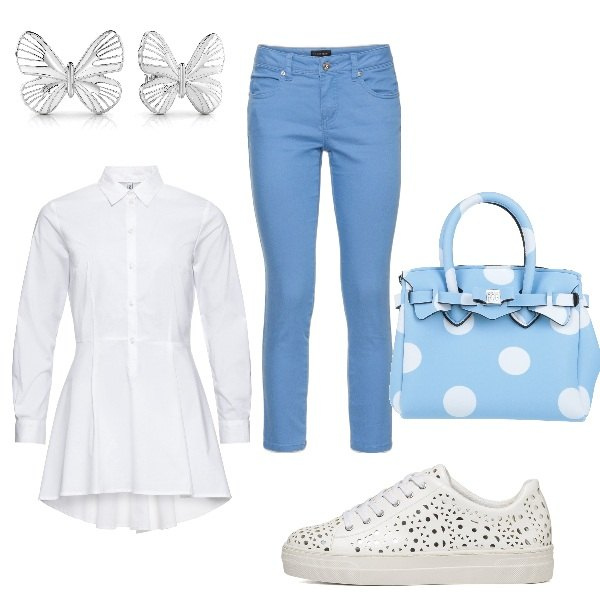 Outfit donna - Colori del cielo. Stile Casual chic per Tutti i giorni. Abbinamento con camicie, pantaloni, borse a mano, orecchini, sneakers.