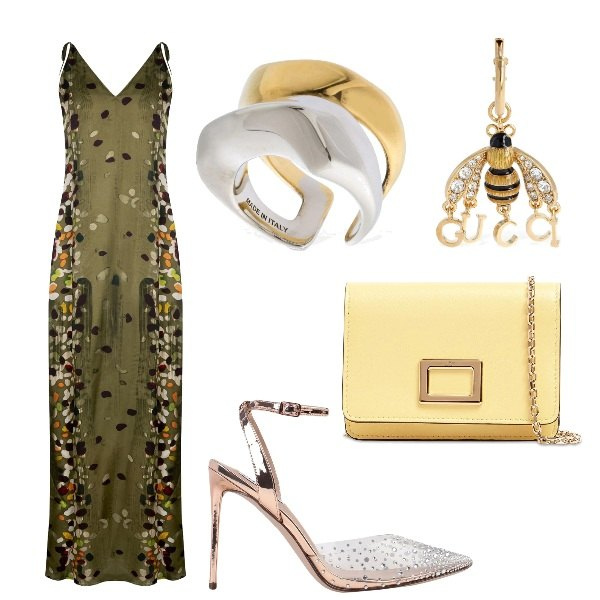 Outfit donna - Ape regina. Stile Chic per Serata fuori. Abbinamento con décolleté, vestiti lunghi, anelli, orecchini, pochette.