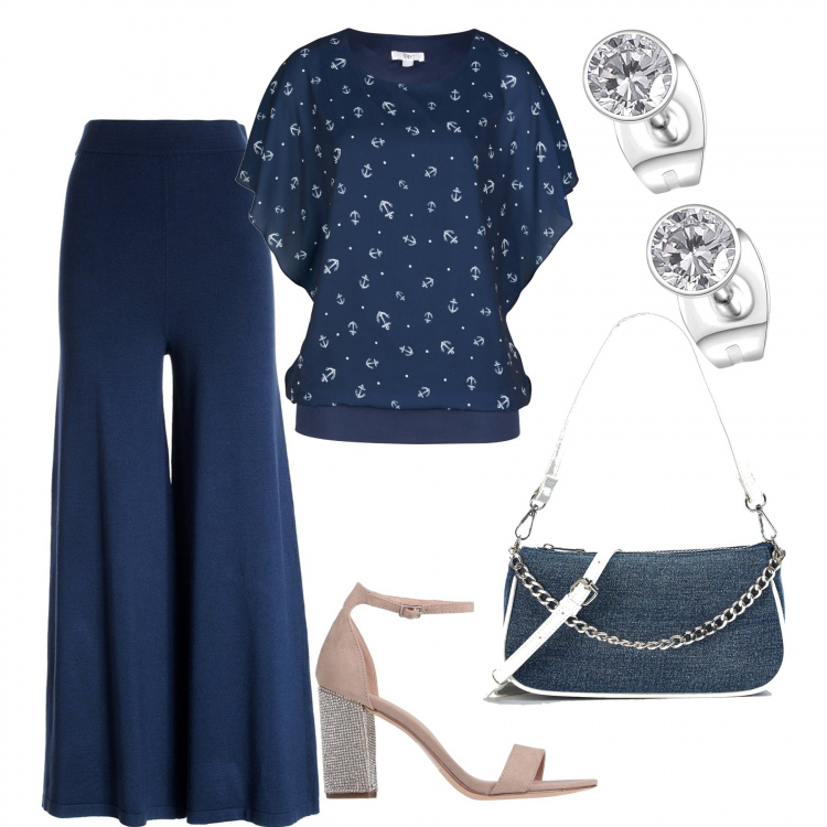 Outfit donna - Serata. Stile Casual chic per Serata fuori. Abbinamento con bluse, sandali col tacco, borse a spalla, pantaloni, orecchini.