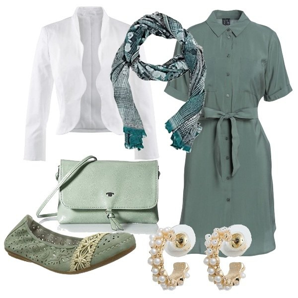 Outfit donna - Verdolino bon ton. Stile Bon Ton per Ufficio. Abbinamento con blazer, vestiti corti, orecchini, ballerine, sciarpe, borse a tracolla.