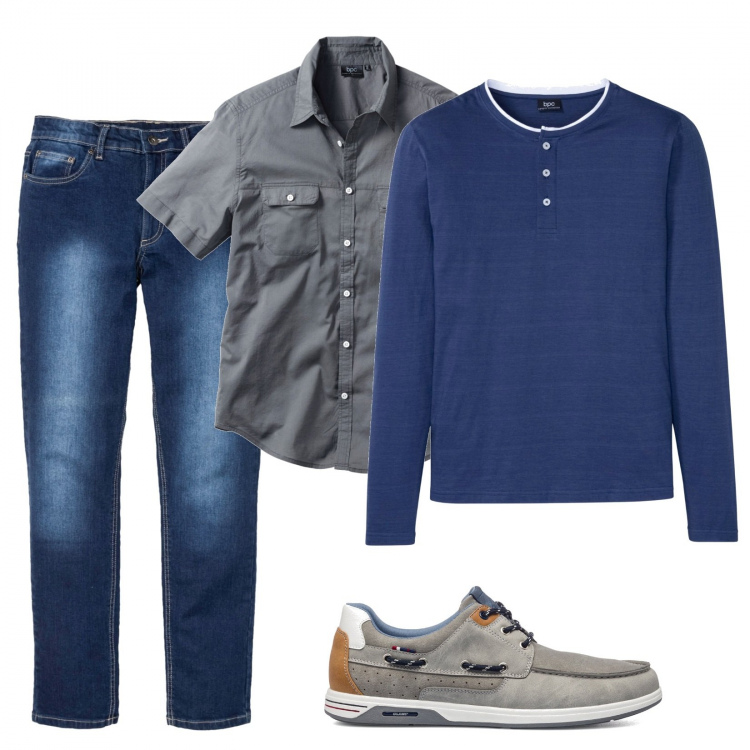 Outfit uomo - Casual in grigio e blu. Stile Casual per Tutti i giorni. Abbinamento con camicie a manica corta, jeans slim fit, maglieria, scarpe stringate.
