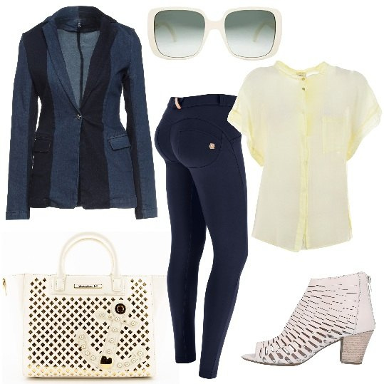 Outfit donna - Freddy (RE)MOVE. Stile Trendy per Tutti i giorni. Abbinamento con blazer, stivaletti, camicie a manica corta, borse a mano, pantaloni skinny, occhiali da sole.