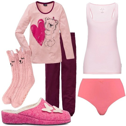 Outfit donna - Buonanotte con il pigiama comodo. Stile Basic per Tutti i giorni. Abbinamento con pigiama, calzini, canottiere, pantofole, slip.