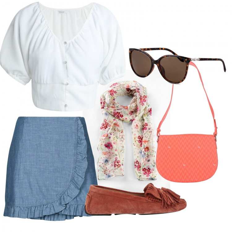Outfit donna - Turista per sempre. Stile Casual per Tutti i giorni. Abbinamento con foulard, occhiali da sole, mocassini, borse a cartella, camicie a manica corta, minigonne.