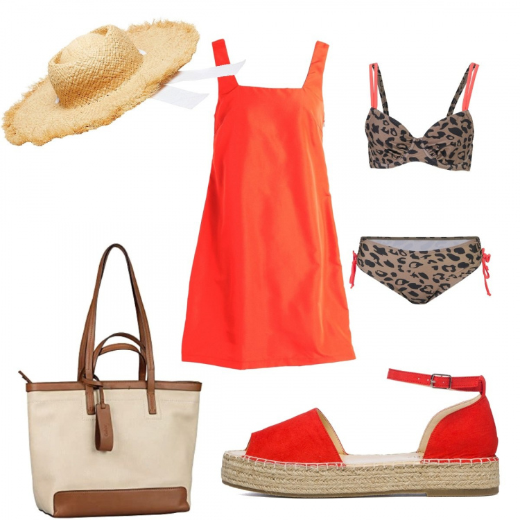 Outfit donna - Trendy e animalier. Stile Trendy per Mare. Abbinamento con bikini, vestiti corti, cappelli, sandali col tacco, shopping bag.