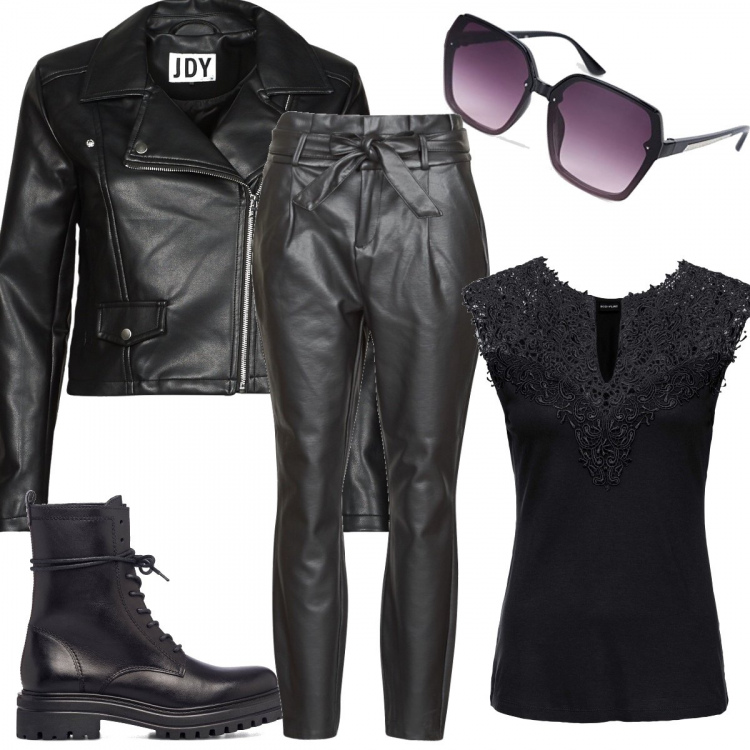 Outfit donna - Let’s rock. Stile Rock per Tutti i giorni. Abbinamento con top, giacche, pantaloni chino, anfibi, occhiali da sole.
