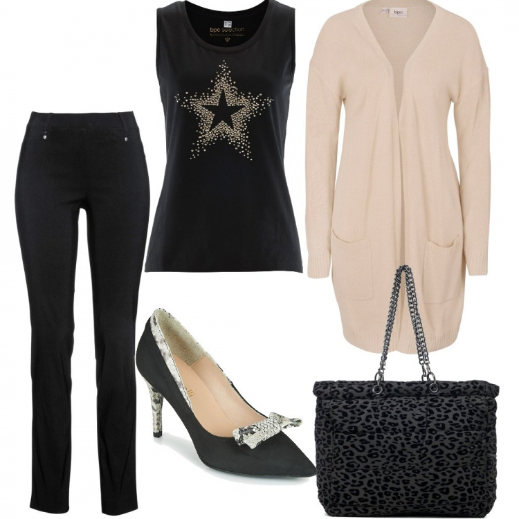 Outfit donna - Chic in ufficio. Stile Casual chic per Ufficio. Abbinamento con pantaloni, cardigans, top, décolleté, borse a spalla.
