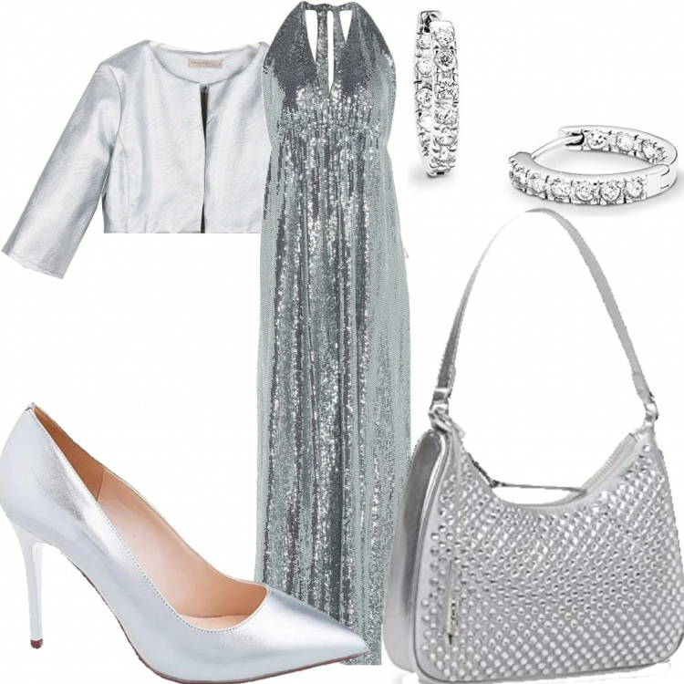 Outfit donna - Serata in lungo paillette verde e grigio. Stile Chic per Serata fuori. Abbinamento con vestiti lunghi, blazer, décolleté, portachiavi, orecchini.