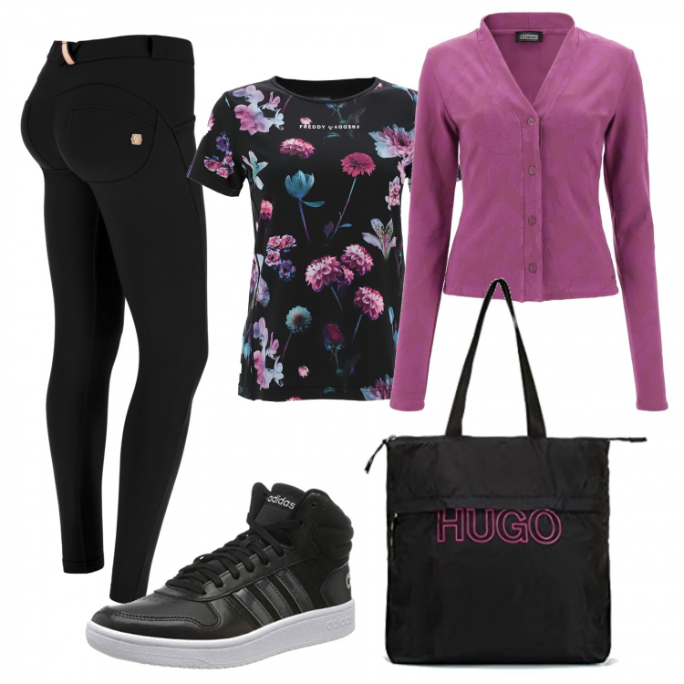 Outfit donna - Freddy special contest. Stile Casual chic per Tutti i giorni. Abbinamento con pantaloni skinny, t-shirt, cardigans, shopping bag, sneakers.