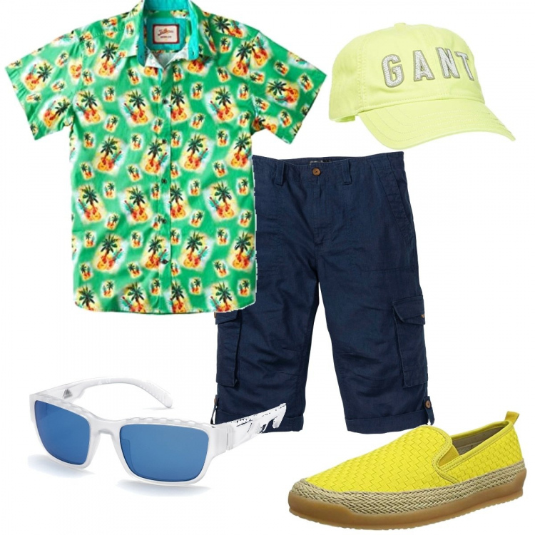 Outfit uomo - #Camiciaa fantasia. Stile Trendy per Mare. Abbinamento con bermuda, occhiali da sole, espadrillas, cappelli con visiera, camicie a manica corta.
