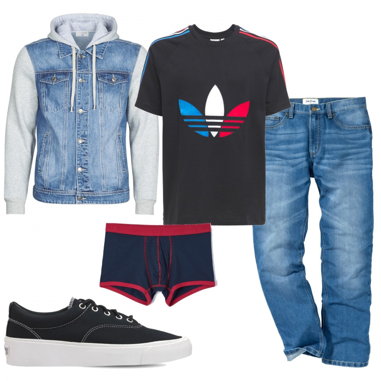 Outfit uomo - Urban uomo. Stile Urban per Tutti i giorni. Abbinamento con jeans dritti, boxer, giacche, t-shirt, sneakers.