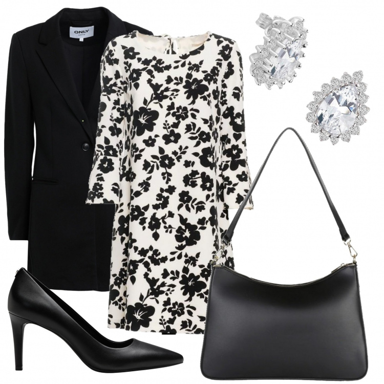 Outfit donna - Cerimonia in bianco e nero. Stile Chic per Cerimonia. Abbinamento con décolleté, blazer, orecchini, borse a spalla, vestiti midi/longuette.