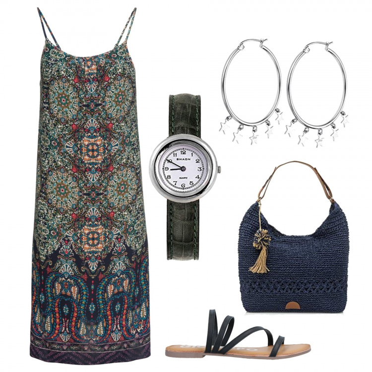 Outfit mujer - Dia de relax. Estilo Boho para Todos los días. Combinación con bolso shopper, reloj, pendientes, vestidos, sandalias.