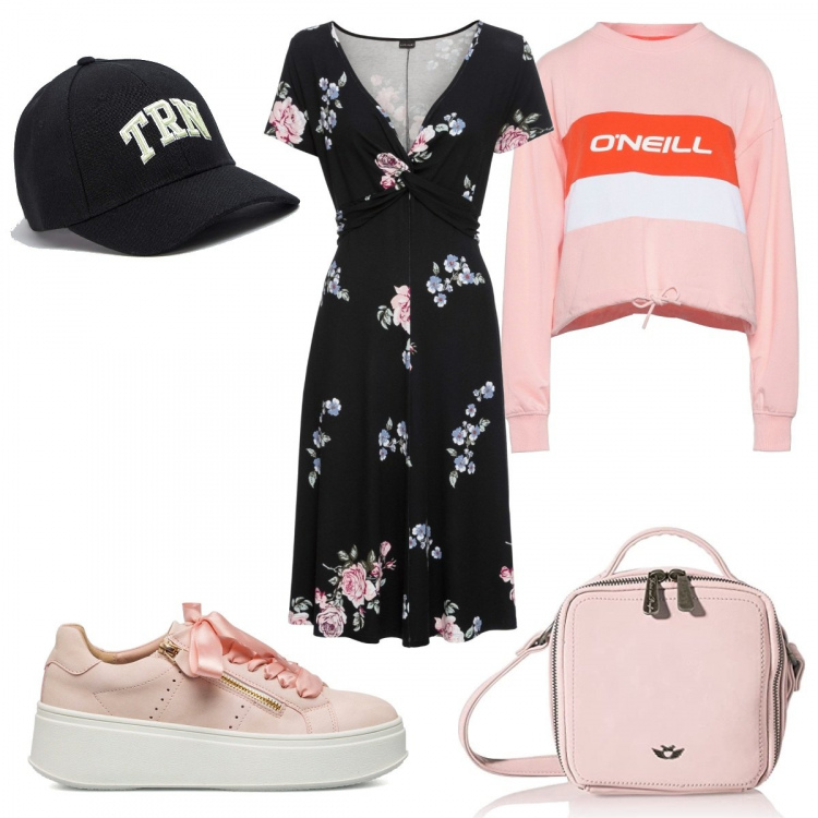 Outfit donna - Sporty- chic a fiori. Stile Sporty chic per Tutti i giorni. Abbinamento con vestiti lunghi, felpe, cappelli con visiera, sneakers, borse a tracolla.