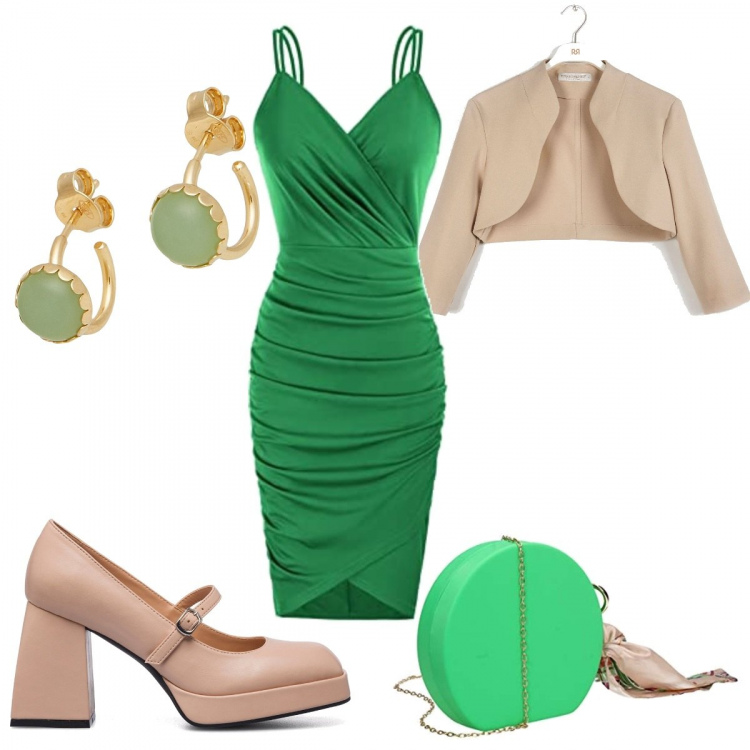Outfit donna - Molto chic in verde e beige. Stile Chic per Cerimonia. Abbinamento con orecchini, blazer, décolleté, vestiti corti, pochette.
