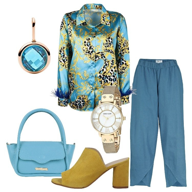 Outfit donna - A cena con le amiche. Stile Trendy per Serata fuori. Abbinamento con sandali in pelle, borse a mano, pantaloni, camicie, ciondoli, orologi.