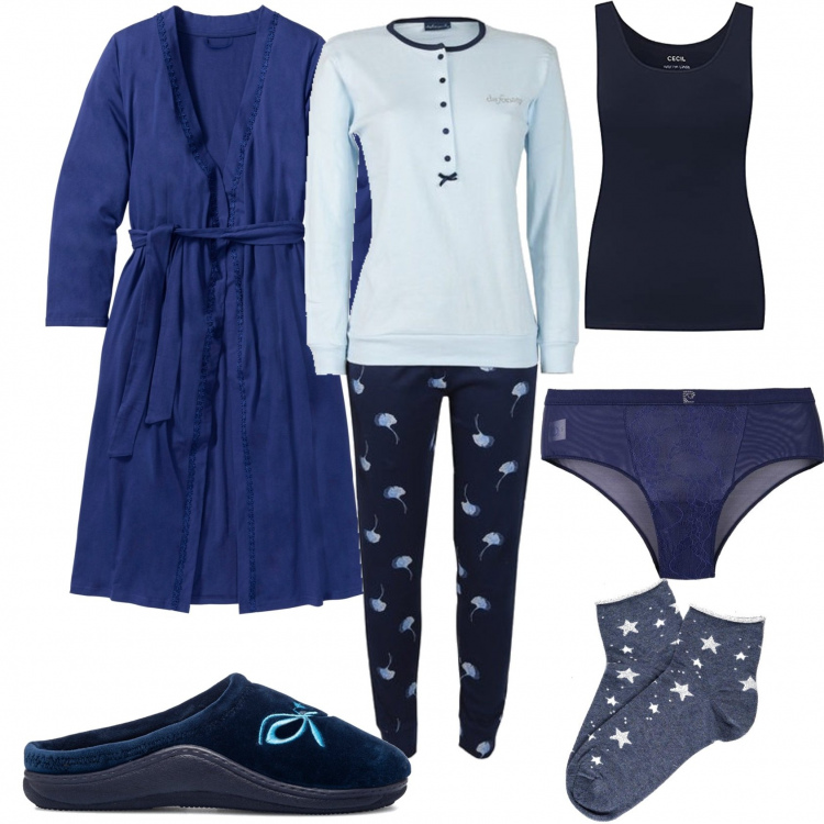 Outfit donna - Pigiama blu a fiori. Stile Basic per Tutti i giorni. Abbinamento con vestaglie, pigiama, calzini, slip, pantofole, vestaglie.