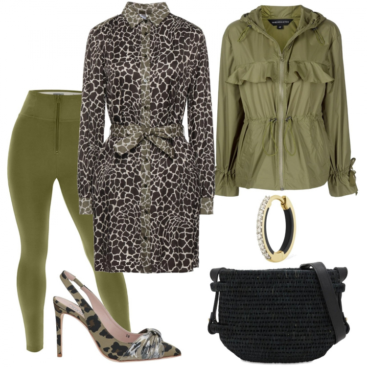 Outfit donna - Serata fuori stile safari. Stile Trendy per Serata fuori. Abbinamento con décolleté, vestiti corti, pantaloni skinny, giacche, orecchini, borse a spalla.