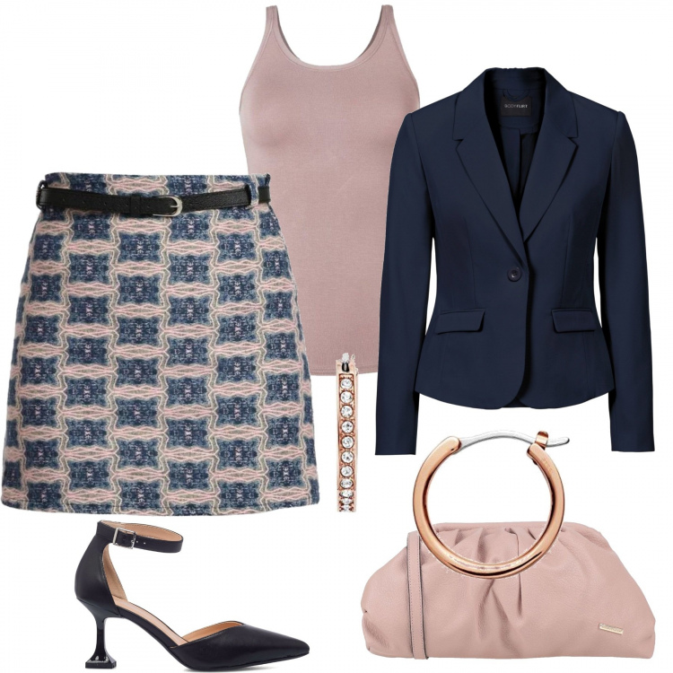 Outfit donna - In ufficio. Stile Casual chic per Ufficio. Abbinamento con blazer, borse a tracolla, canottiere, minigonne, décolleté, orecchini.