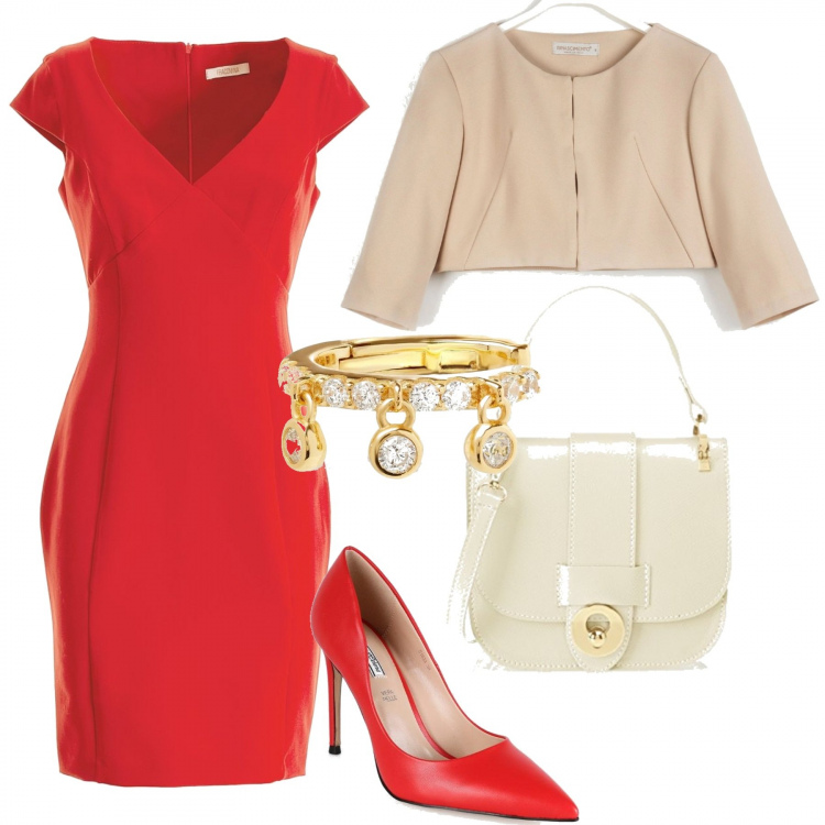 Outfit donna - Tubino rosso. Stile Chic per Tutti i giorni. Abbinamento con orecchini, décolleté, blazer, vestiti a tubino, borse a mano.