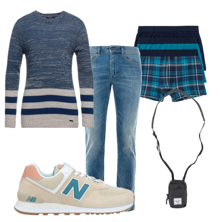 Outfit uomo - Un po\' indeciso. Stile Casual per Tutti i giorni. Abbinamento con boxer, sneakers, pullovers, portafogli, jeans.