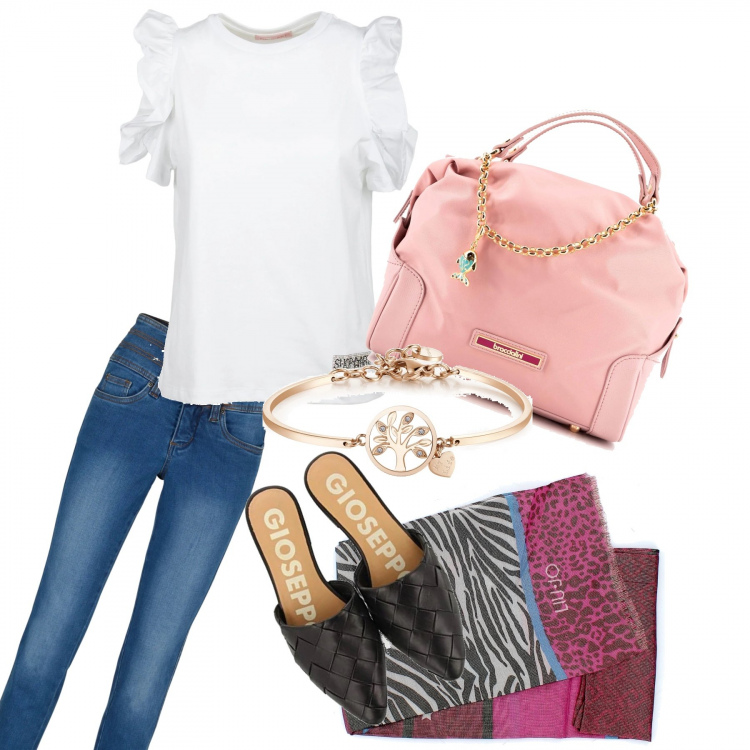 Outfit donna - Rosa non troppo chic. Stile Casual chic per Tutti i giorni. Abbinamento con jeans, t-shirt, borse a mano, braccialetti, sciarpe, ballerine.