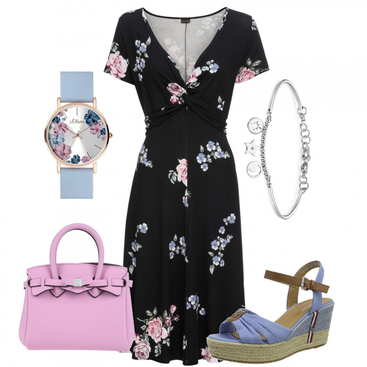 Outfit donna - A pranzo con le amiche. Stile Romantica per Tutti i giorni. Abbinamento con vestiti lunghi, borse a mano, braccialetti, sandali, orologi.