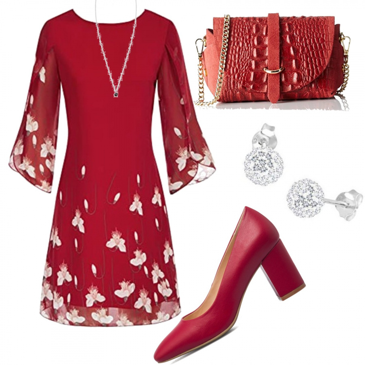 Outfit donna - 1675. Petali di fiore rossi. Stile Bon Ton per Cerimonia. Abbinamento con décolleté, vestiti midi/longuette, pochette, orecchini, collane.