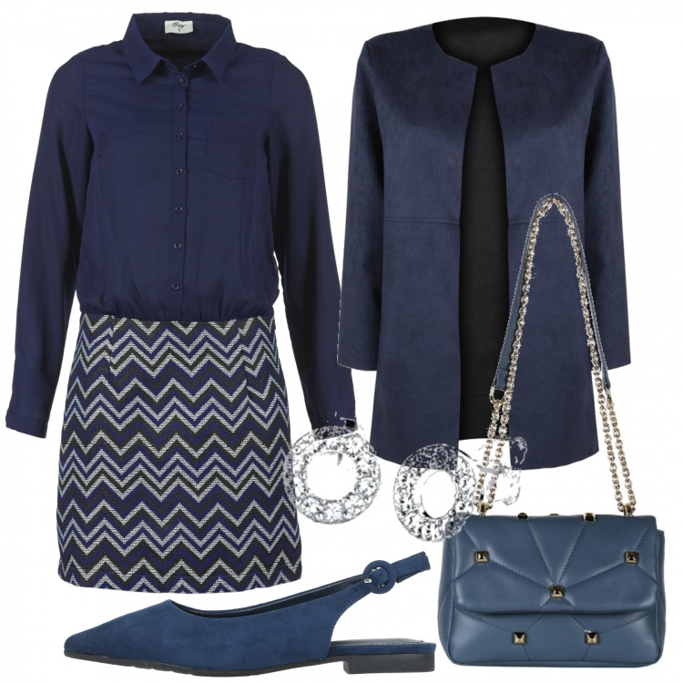 Outfit donna - 1676. Il Blu. Stile Bon Ton per Cerimonia. Abbinamento con ballerine, blazer, borse a mano, vestiti corti, orecchini.