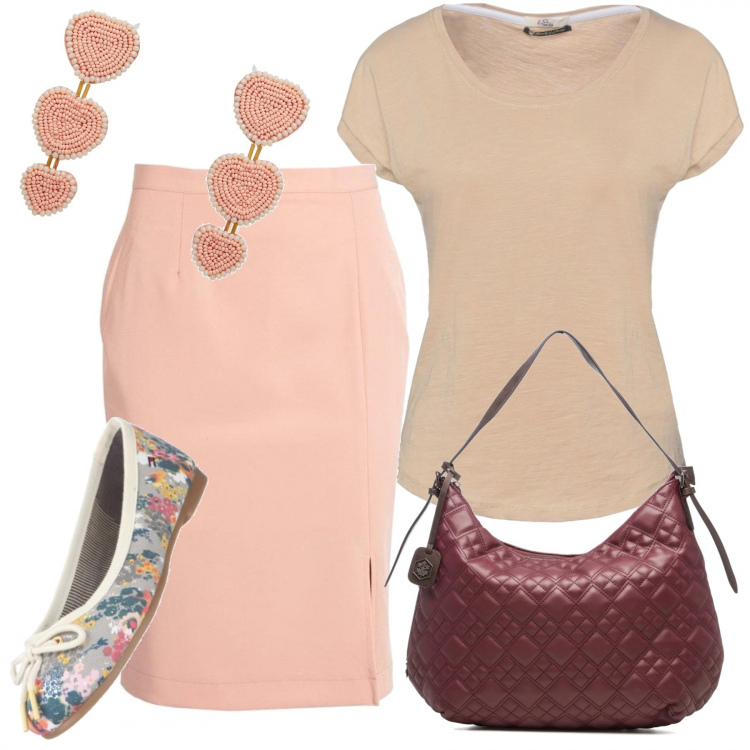Outfit donna - 1676. Stile Bon Ton per Tutti i giorni. Abbinamento con orecchini, t-shirt, gonne lunghe, borse a spalla, ballerine.