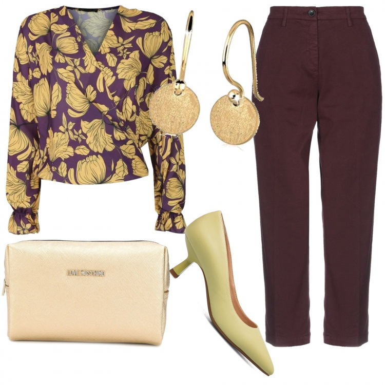 Outfit donna - 1677. Violetta. Stile Trendy per Serata fuori. Abbinamento con pantaloni, bluse, clutch, décolleté, orecchini.