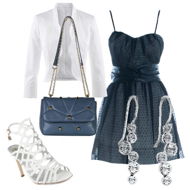 Outfit donna - Blu Rinascimento scontatissimo. Stile Bon Ton per Cerimonia. Abbinamento con blazer, sandali in pelle, borse a mano, vestiti corti, orecchini.