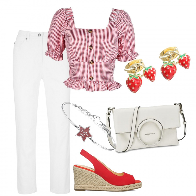 Outfit donna - Il top romantico. Stile Romantica per Tutti i giorni. Abbinamento con pantaloni, orecchini, top, braccialetti, sandali col tacco, borse a mano.