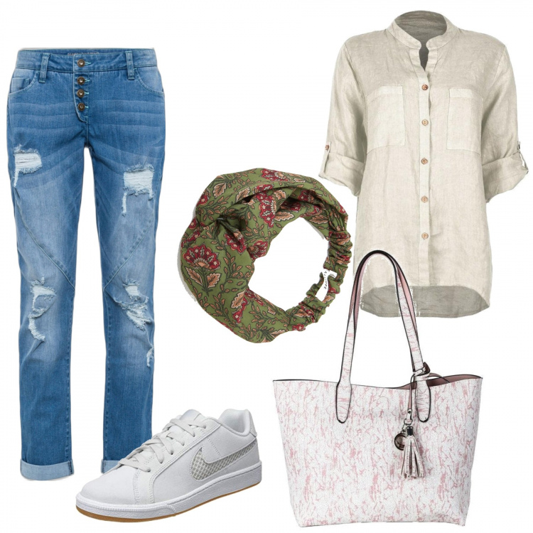 Outfit donna - Aspettando l\'estate. Stile Casual per Tutti i giorni. Abbinamento con jeans boyfriend, camicie, borse tote, fasce per capelli, sneakers.