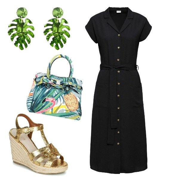 Outfit donna - Voglia di vacanze. Stile Vintage retrò per Tutti i giorni. Abbinamento con vestiti, borse a mano, orecchini, sandali gioiello.