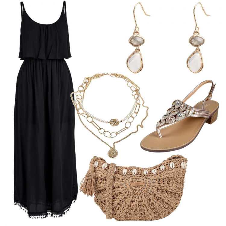 Outfit donna - La bella stagione. Stile Boho per Tutti i giorni. look ideale per Tall. Abbinamento con vestiti midi/longuette, orecchini, borse a tracolla, sandali gioiello, ciondoli.