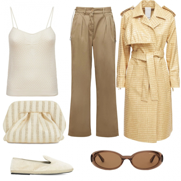 Outfit donna - Look nei toni naturali.. Stile Casual per Tutti i giorni. Abbinamento con mocassini, trench, pantaloni, occhiali da sole, pochette, canottiere.
