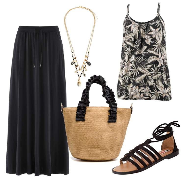 Outfit donna - Estate alle porte. Stile Etnico per Tutti i giorni. look ideale per Tall. Abbinamento con gonne, top, collane, borse a mano, sandali col tacco.