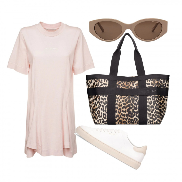 Outfit donna - Total look. Stile Trendy per Tutti i giorni. Abbinamento con vestiti, sneakers, shopping bag, occhiali da sole.