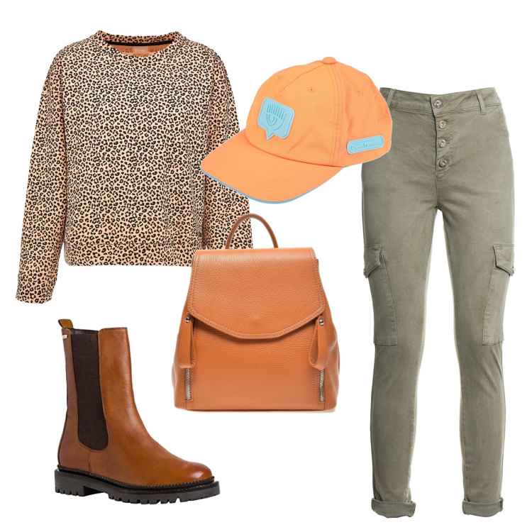 Outfit donna - Casual #6840. Stile Casual per Tutti i giorni. Abbinamento con pantaloni cargo, felpe, zaini, cappelli con visiera, stivaletti chelsea.